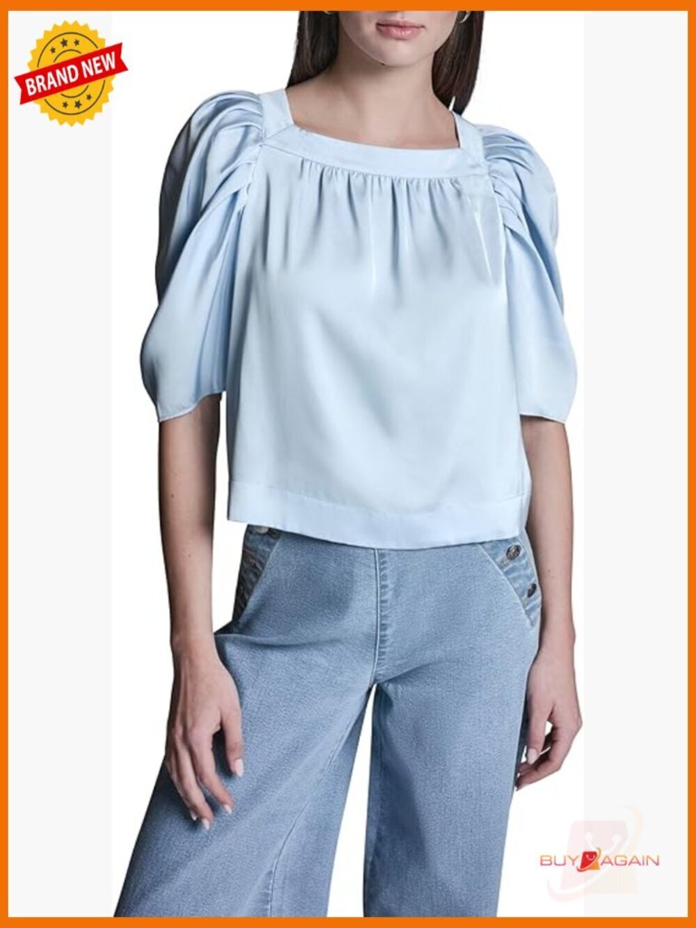 Woven Square Neck Pleated Sleeve Top, Long Sleeve, Polyester, Regular Fit